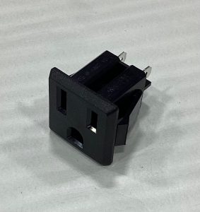 Black snap-in panel mount AC outlet, three-prong, part E00113-00